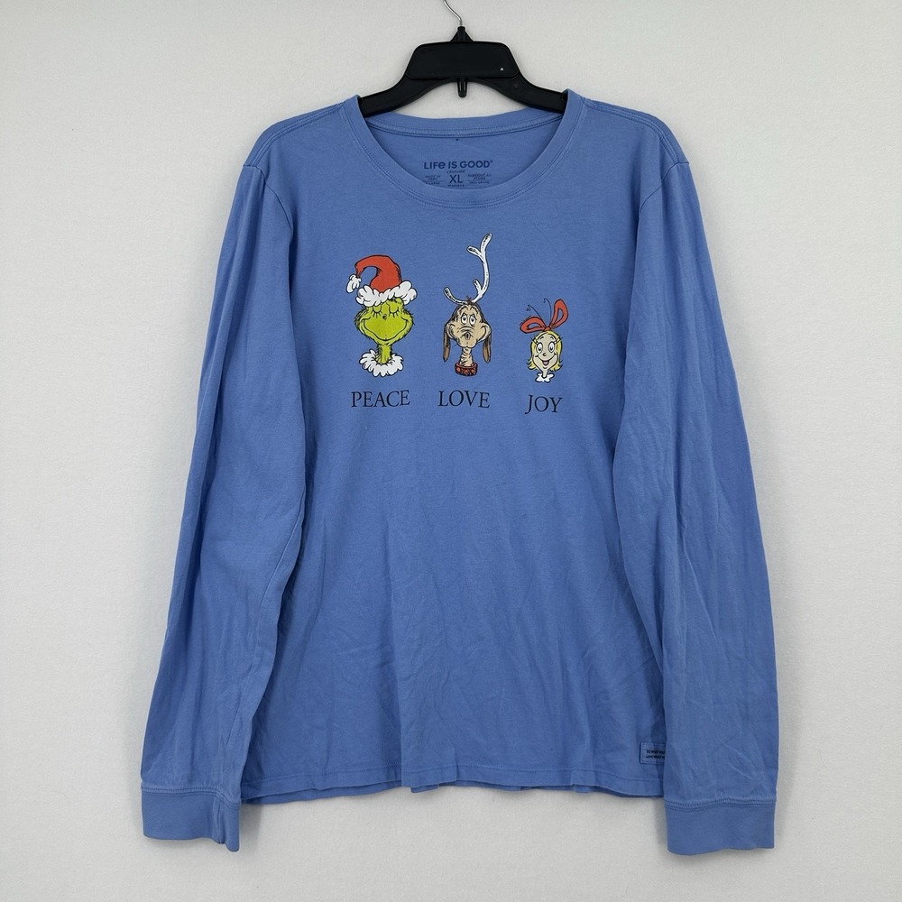 Life Is Good The Grinch Peace Love Joy Long Sleeve Crusher T-Shirt XL Blue